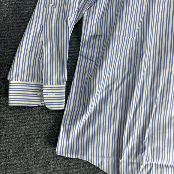 Brooks Brothers Shirt Mens 17.5 Slim Fit Non Iron Blue White Stripe Cotton Pocke - Picture 4 of 8